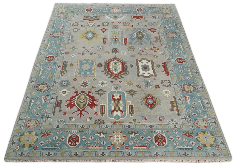 10x14 All Wool Traditional Persian Silver and Blue Vibrant Colorful Hand knotted Oushak Area Rug | TRDCP7291014 - The Rug Decor