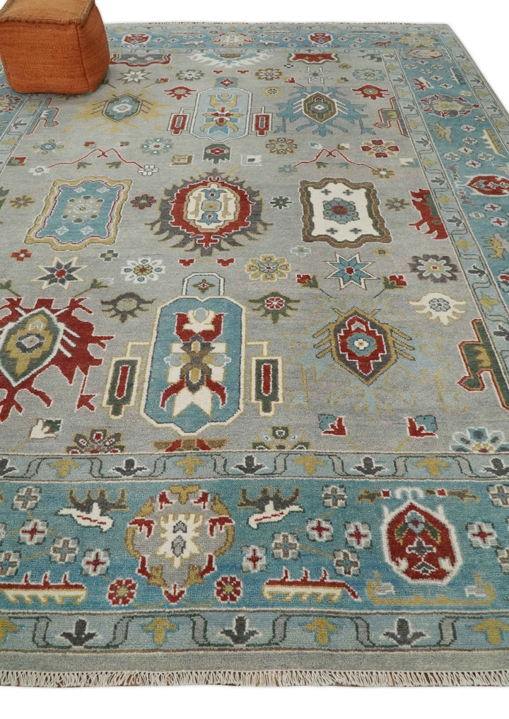 10x14 All Wool Traditional Persian Silver and Blue Vibrant Colorful Hand knotted Oushak Area Rug | TRDCP7291014 - The Rug Decor
