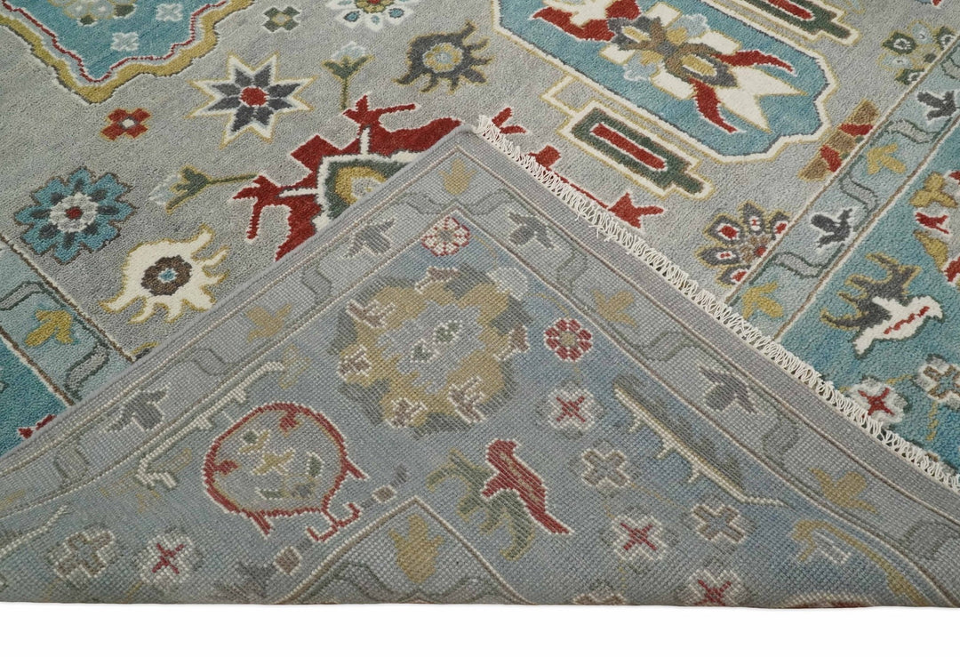 10x14 All Wool Traditional Persian Silver and Blue Vibrant Colorful Hand knotted Oushak Area Rug | TRDCP7291014 - The Rug Decor