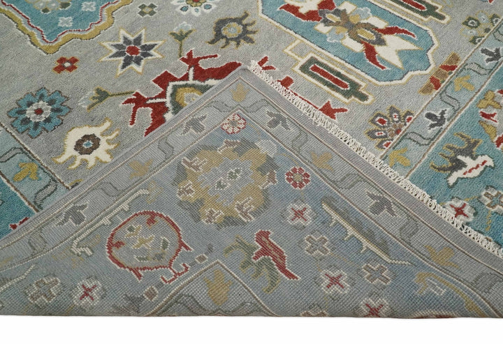 10x14 All Wool Traditional Persian Silver and Blue Vibrant Colorful Hand knotted Oushak Area Rug | TRDCP7291014 - The Rug Decor