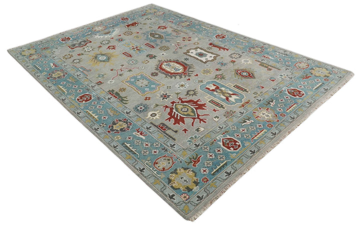 10x14 All Wool Traditional Persian Silver and Blue Vibrant Colorful Hand knotted Oushak Area Rug | TRDCP7291014 - The Rug Decor