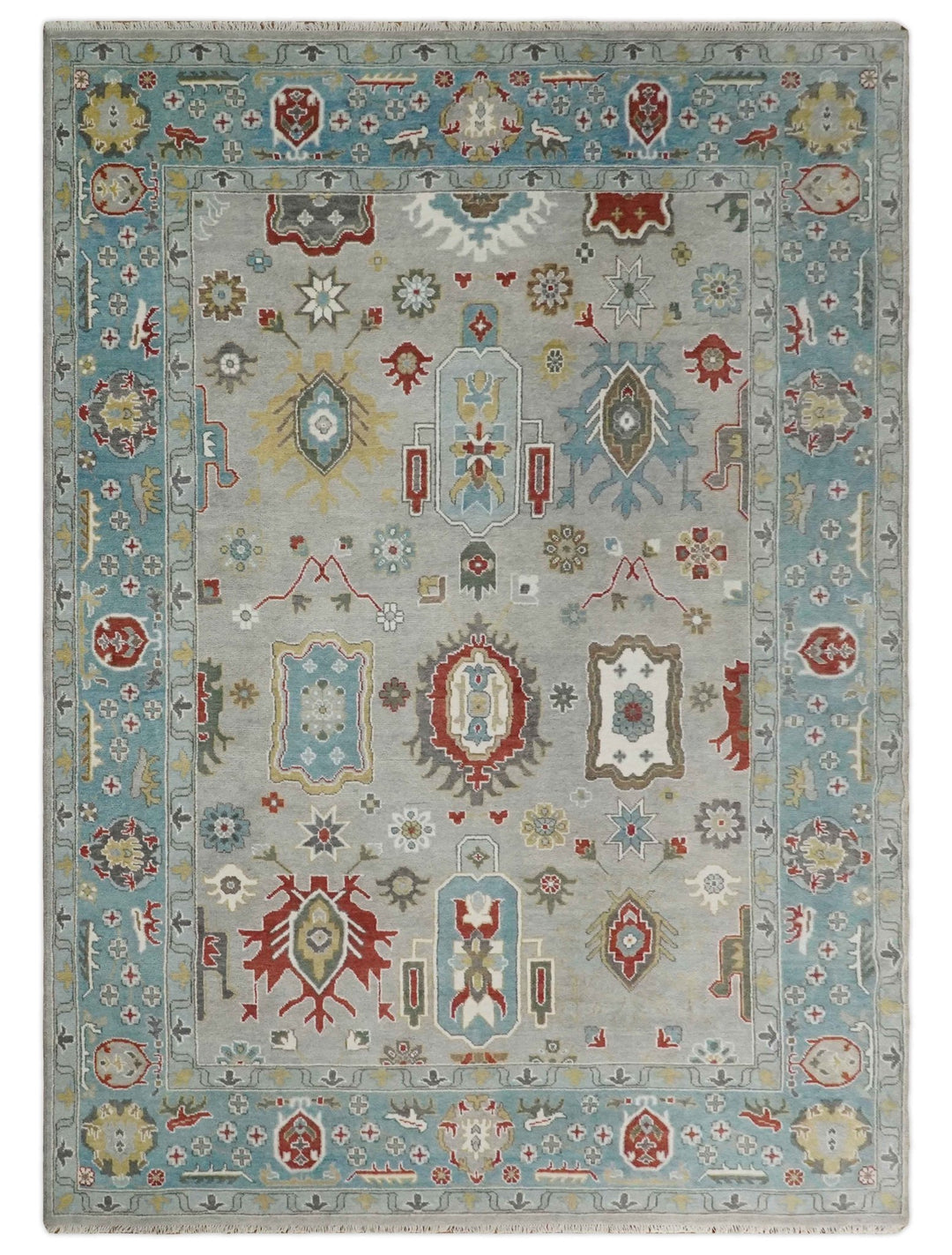 10x14 All Wool Traditional Persian Silver and Blue Vibrant Colorful Hand knotted Oushak Area Rug | TRDCP7291014 - The Rug Decor