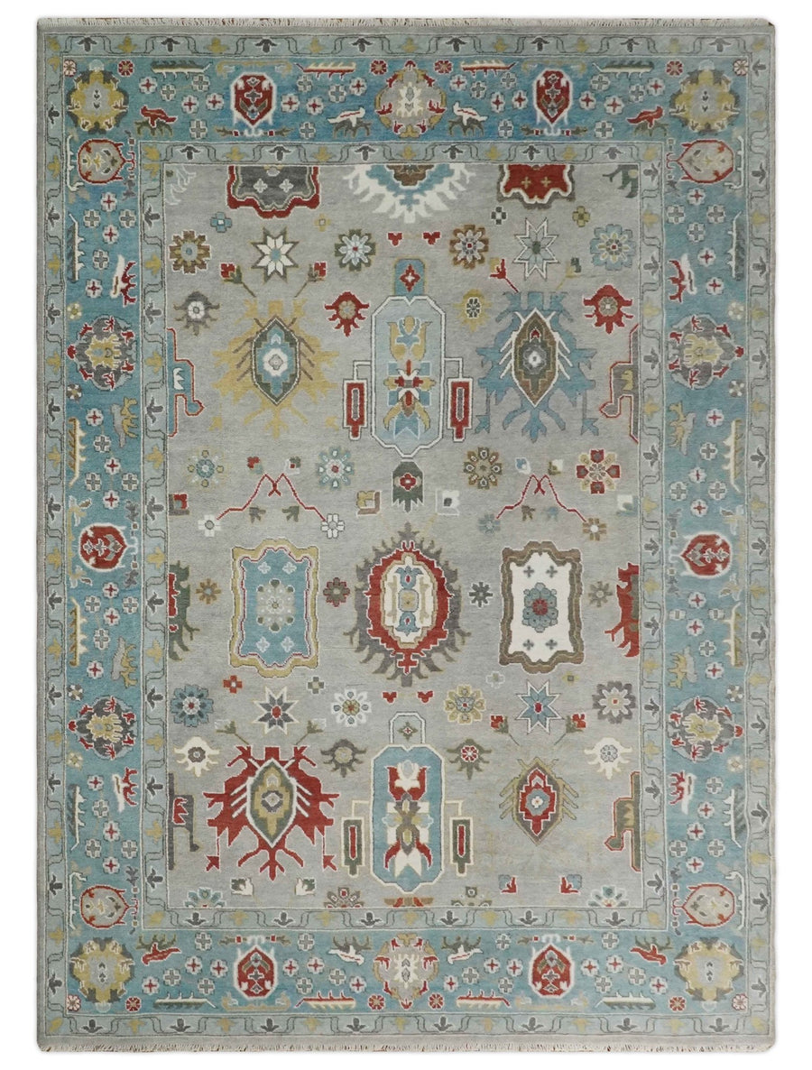 10x14 All Wool Traditional Persian Silver and Blue Vibrant Colorful Hand knotted Oushak Area Rug | TRDCP7291014 - The Rug Decor