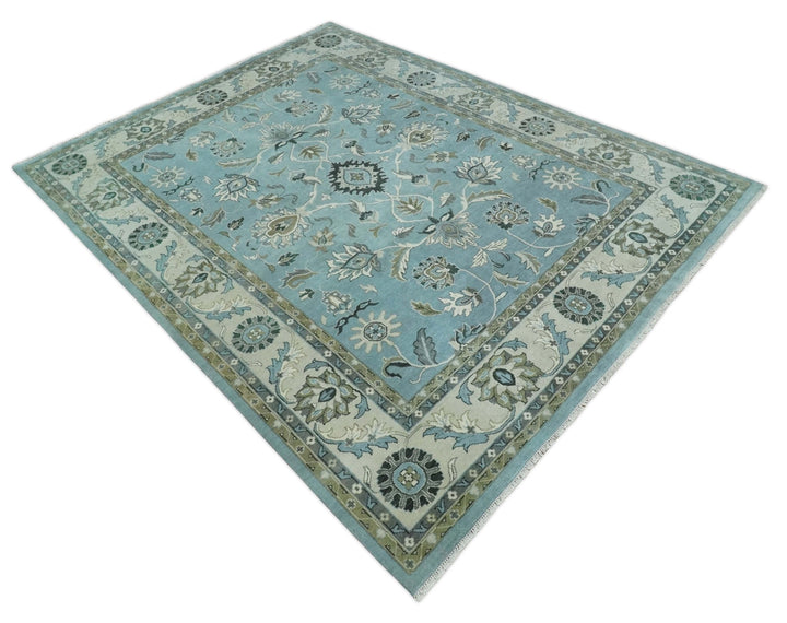 10x14 Antique Hand Knotted Blue and Ivory Traditional Vintage Persian Oushak Wool Rug | TRDCP10141014 - The Rug Decor