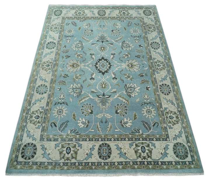 10x14 Antique Hand Knotted Blue and Ivory Traditional Vintage Persian Oushak Wool Rug | TRDCP10141014 - The Rug Decor