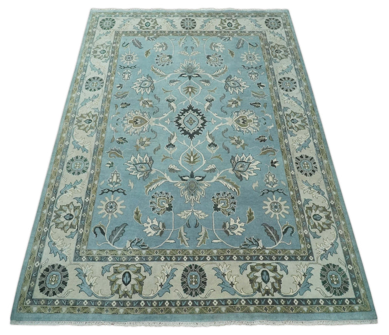 10x14 Antique Hand Knotted Blue and Ivory Traditional Vintage Persian Oushak Wool Rug | TRDCP10141014 - The Rug Decor