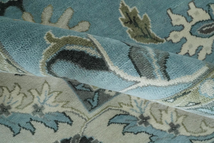 10x14 Antique Hand Knotted Blue and Ivory Traditional Vintage Persian Oushak Wool Rug | TRDCP10141014 - The Rug Decor