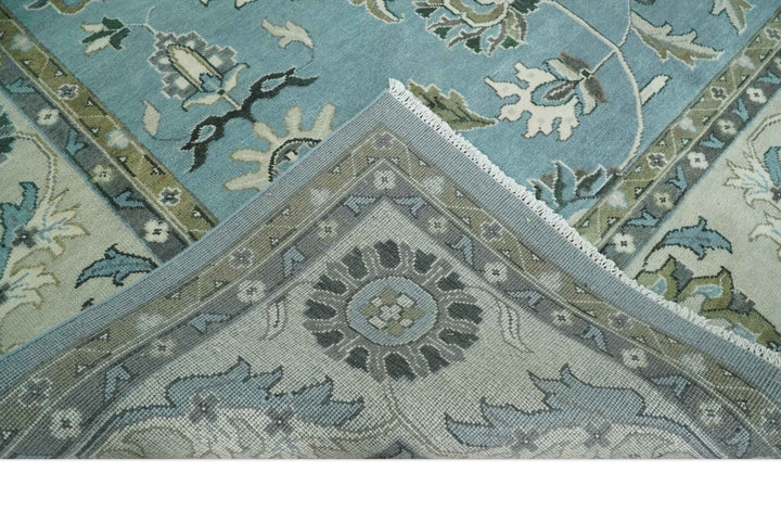 10x14 Antique Hand Knotted Blue and Ivory Traditional Vintage Persian Oushak Wool Rug | TRDCP10141014 - The Rug Decor