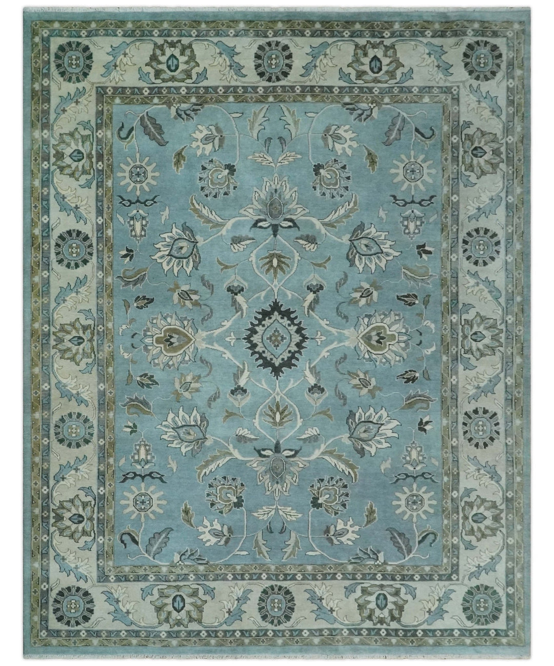 10x14 Antique Hand Knotted Blue and Ivory Traditional Vintage Persian Oushak Wool Rug | TRDCP10141014 - The Rug Decor