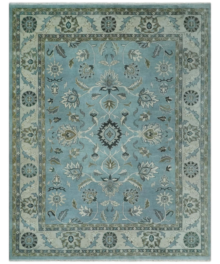 10x14 Antique Hand Knotted Blue and Ivory Traditional Vintage Persian Oushak Wool Rug | TRDCP10141014 - The Rug Decor