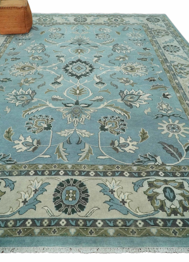 10x14 Antique Hand Knotted Blue and Ivory Traditional Vintage Persian Oushak Wool Rug | TRDCP10141014 - The Rug Decor