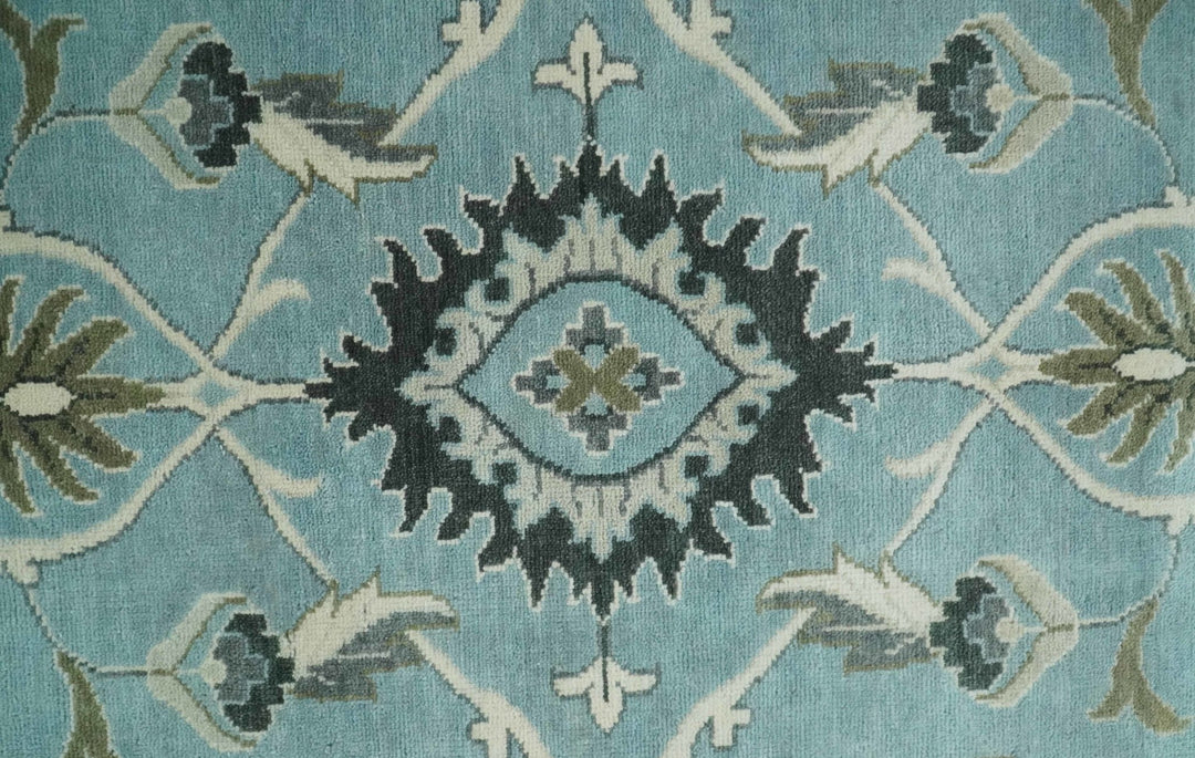 10x14 Antique Hand Knotted Blue and Ivory Traditional Vintage Persian Oushak Wool Rug | TRDCP10141014 - The Rug Decor