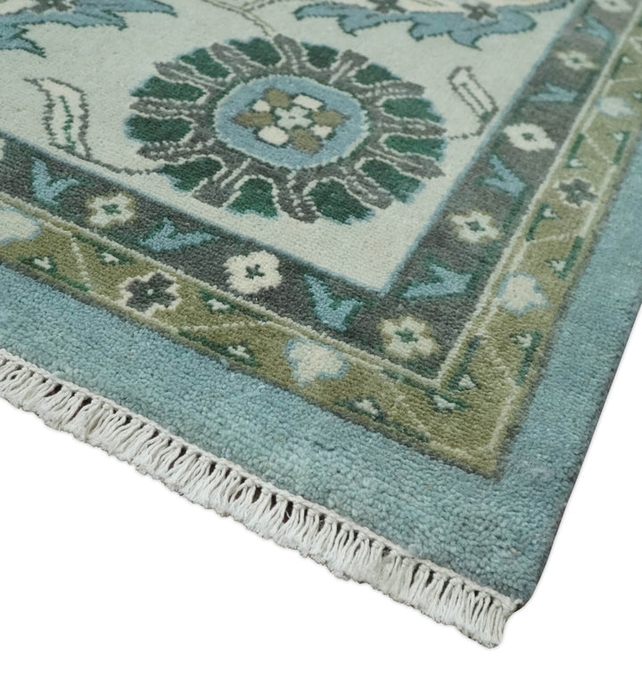 10x14 Antique Hand Knotted Blue and Ivory Traditional Vintage Persian Oushak Wool Rug | TRDCP10141014 - The Rug Decor
