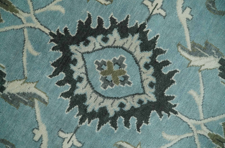 10x14 Antique Hand Knotted Blue and Ivory Traditional Vintage Persian Oushak Wool Rug | TRDCP10141014 - The Rug Decor