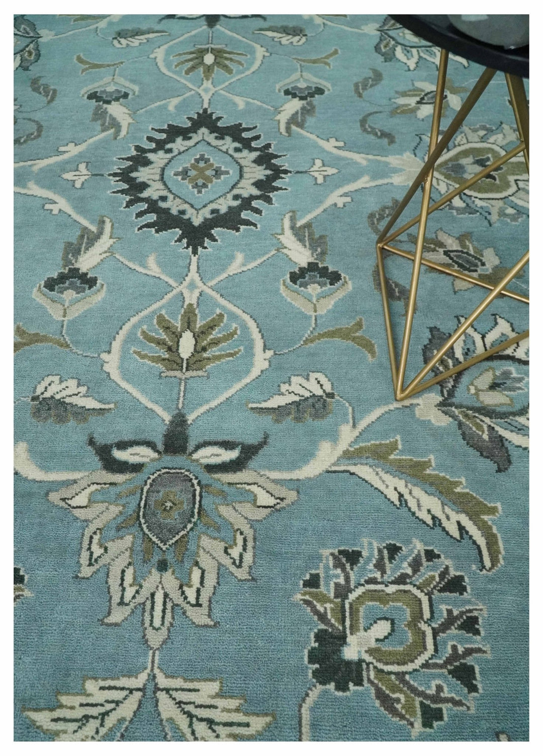 10x14 Antique Hand Knotted Blue and Ivory Traditional Vintage Persian Oushak Wool Rug | TRDCP10141014 - The Rug Decor