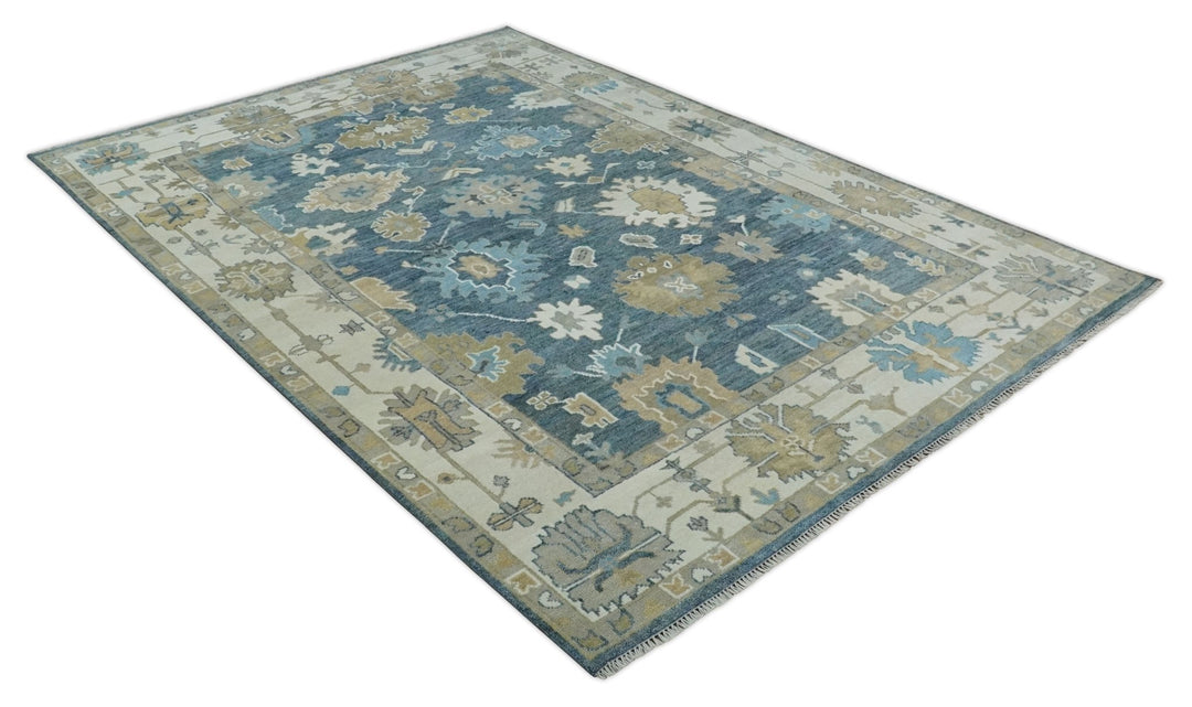 10x14 Antique Style Hand Knotted Blue, Ivory and Beige Traditional Vintage Oushak Wool Rug | TRDCP15721014 - The Rug Decor