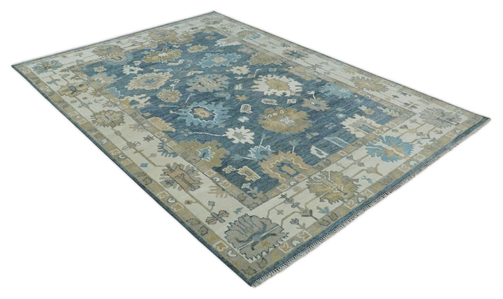 10x14 Antique Style Hand Knotted Blue, Ivory and Beige Traditional Vintage Oushak Wool Rug | TRDCP15721014 - The Rug Decor