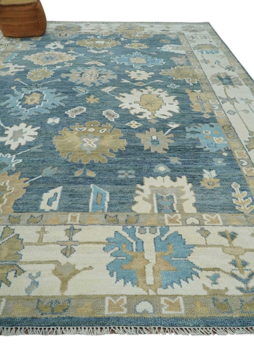 10x14 Antique Style Hand Knotted Blue, Ivory and Beige Traditional Vintage Oushak Wool Rug | TRDCP15721014 - The Rug Decor