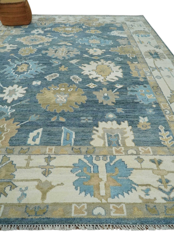 10x14 Antique Style Hand Knotted Blue, Ivory and Beige Traditional Vintage Oushak Wool Rug | TRDCP15721014 - The Rug Decor