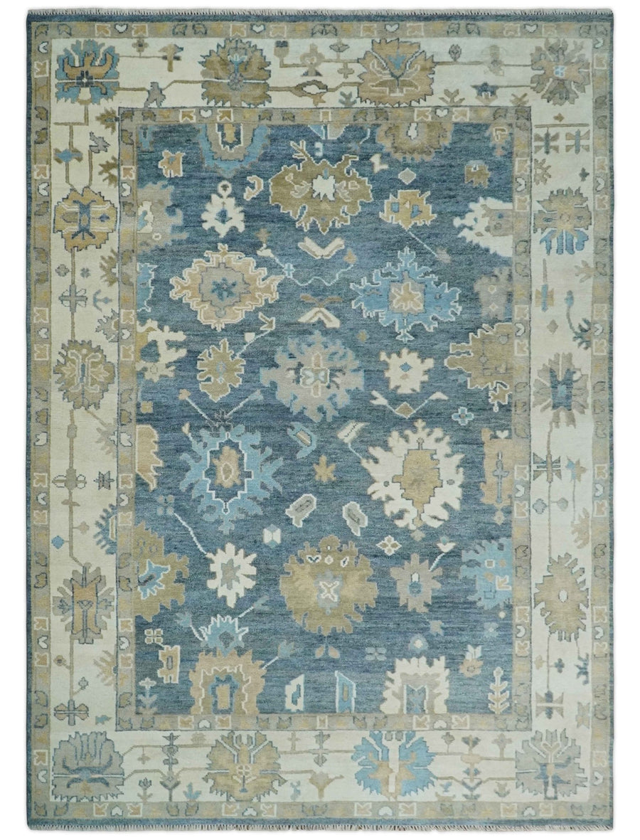 10x14 Antique Style Hand Knotted Blue, Ivory and Beige Traditional Vintage Oushak Wool Rug | TRDCP15721014 - The Rug Decor