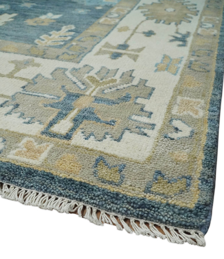 10x14 Antique Style Hand Knotted Blue, Ivory and Beige Traditional Vintage Oushak Wool Rug | TRDCP15721014 - The Rug Decor