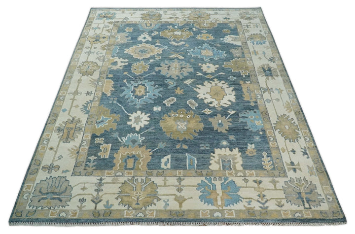 10x14 Antique Style Hand Knotted Blue, Ivory and Beige Traditional Vintage Oushak Wool Rug | TRDCP15721014 - The Rug Decor