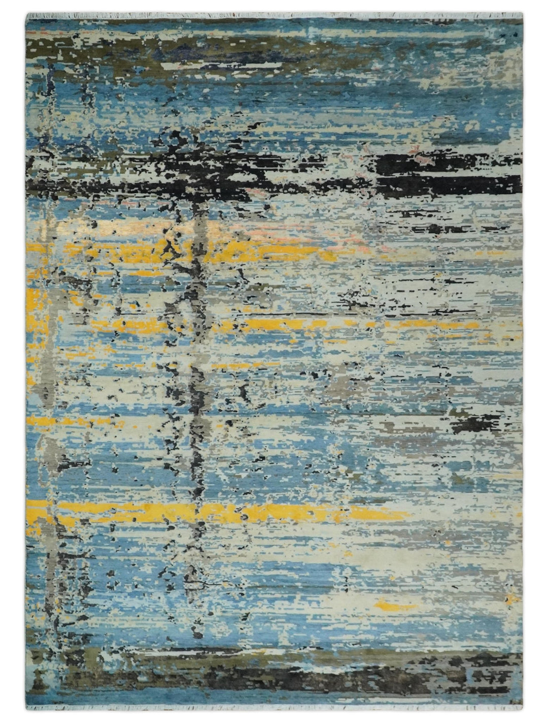 10x14 Fine Hand Knotted Blue and Black Modern Abstract Style Antique Wool and Silk Area Rug | AGR49 - The Rug Decor