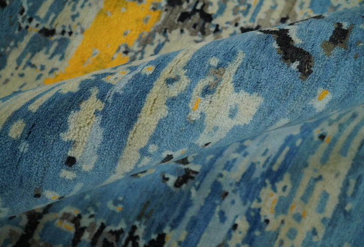 10x14 Fine Hand Knotted Blue and Black Modern Abstract Style Antique Wool and Silk Area Rug | AGR49 - The Rug Decor
