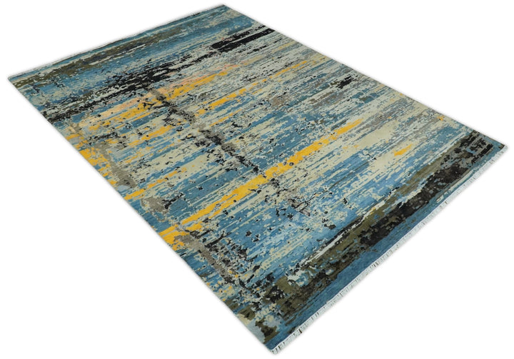 10x14 Fine Hand Knotted Blue and Black Modern Abstract Style Antique Wool and Silk Area Rug | AGR49 - The Rug Decor