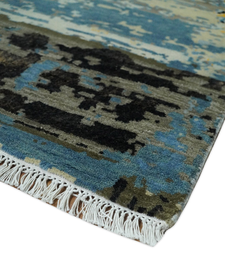 10x14 Fine Hand Knotted Blue and Black Modern Abstract Style Antique Wool and Silk Area Rug | AGR49 - The Rug Decor
