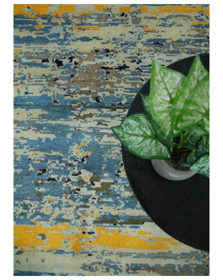10x14 Fine Hand Knotted Blue and Black Modern Abstract Style Antique Wool and Silk Area Rug | AGR49 - The Rug Decor