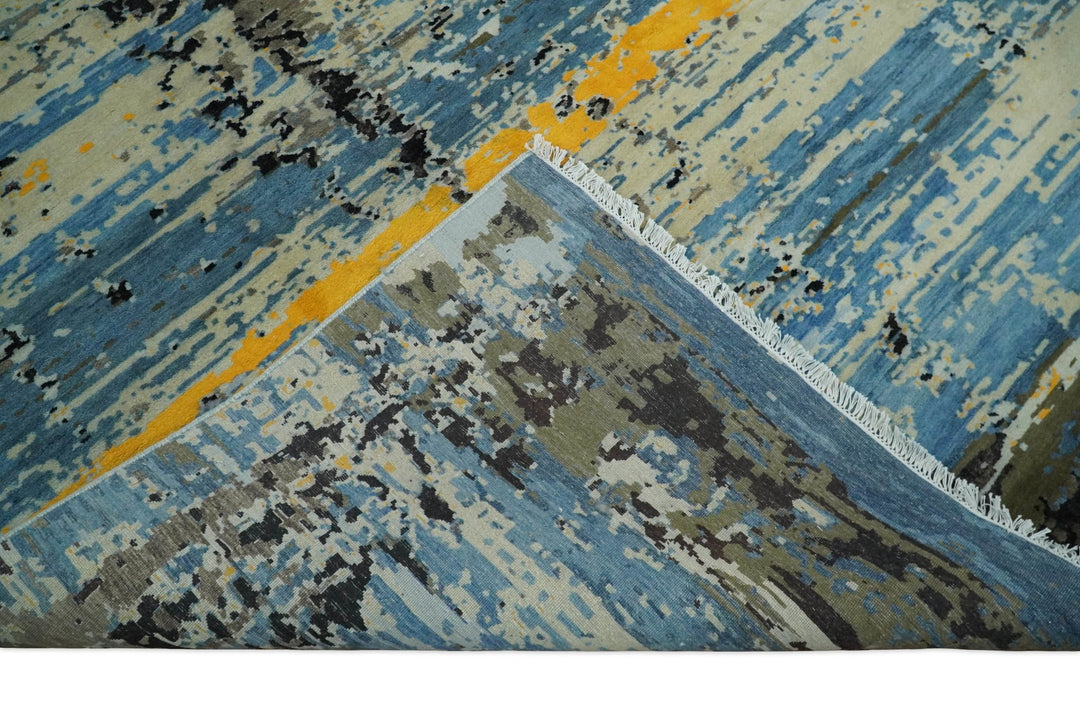 10x14 Fine Hand Knotted Blue and Black Modern Abstract Style Antique Wool and Silk Area Rug | AGR49 - The Rug Decor