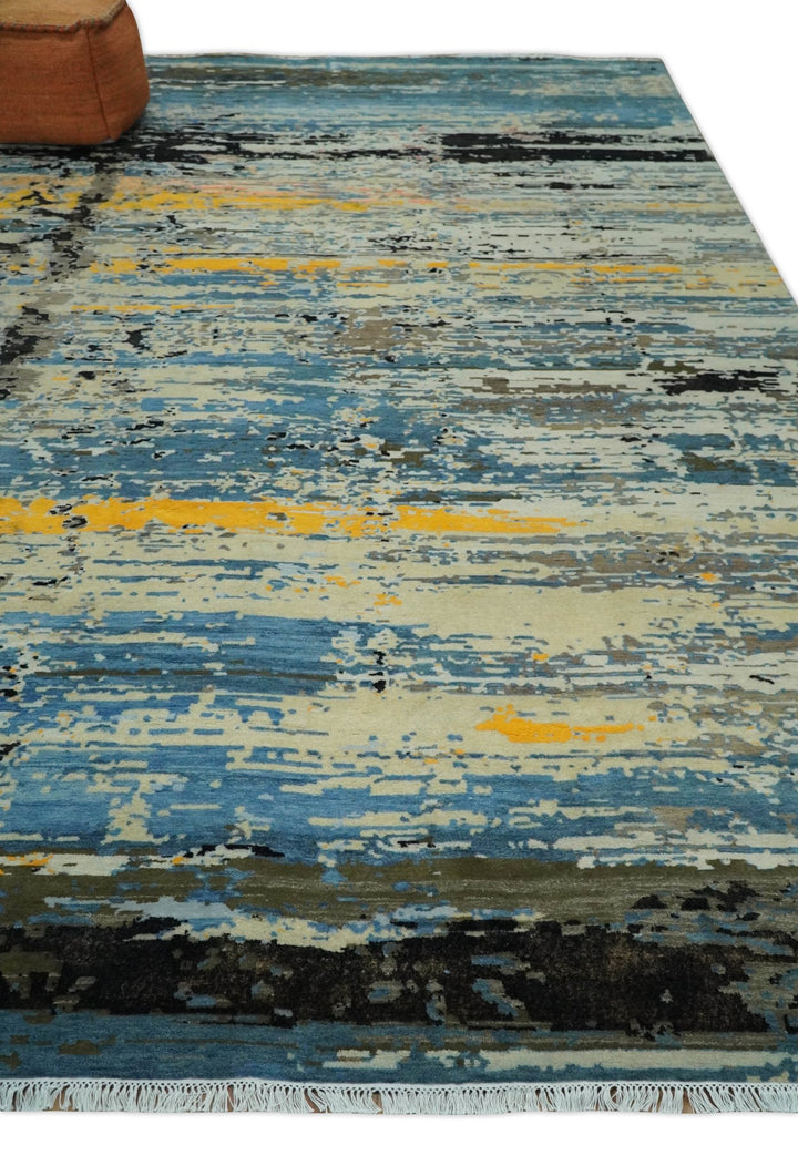 10x14 Fine Hand Knotted Blue and Black Modern Abstract Style Antique Wool and Silk Area Rug | AGR49 - The Rug Decor