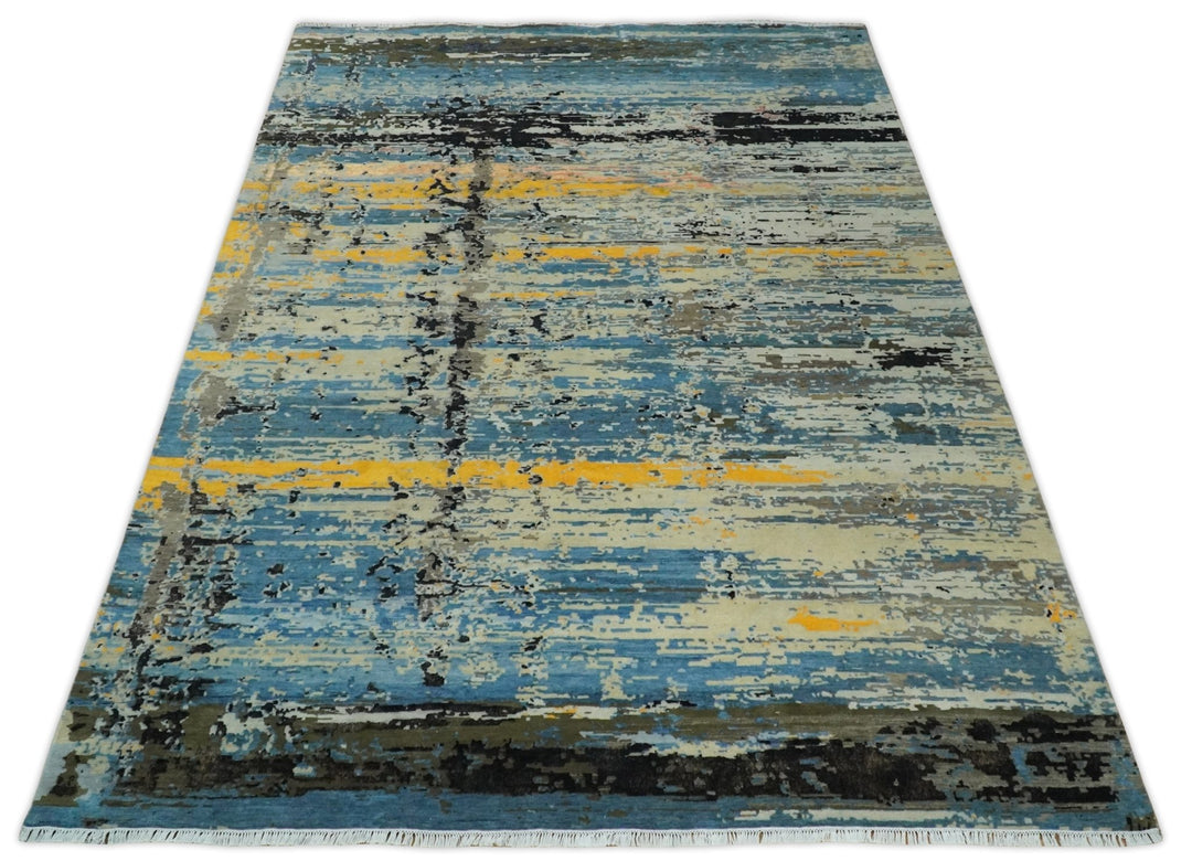 10x14 Fine Hand Knotted Blue and Black Modern Abstract Style Antique Wool and Silk Area Rug | AGR49 - The Rug Decor