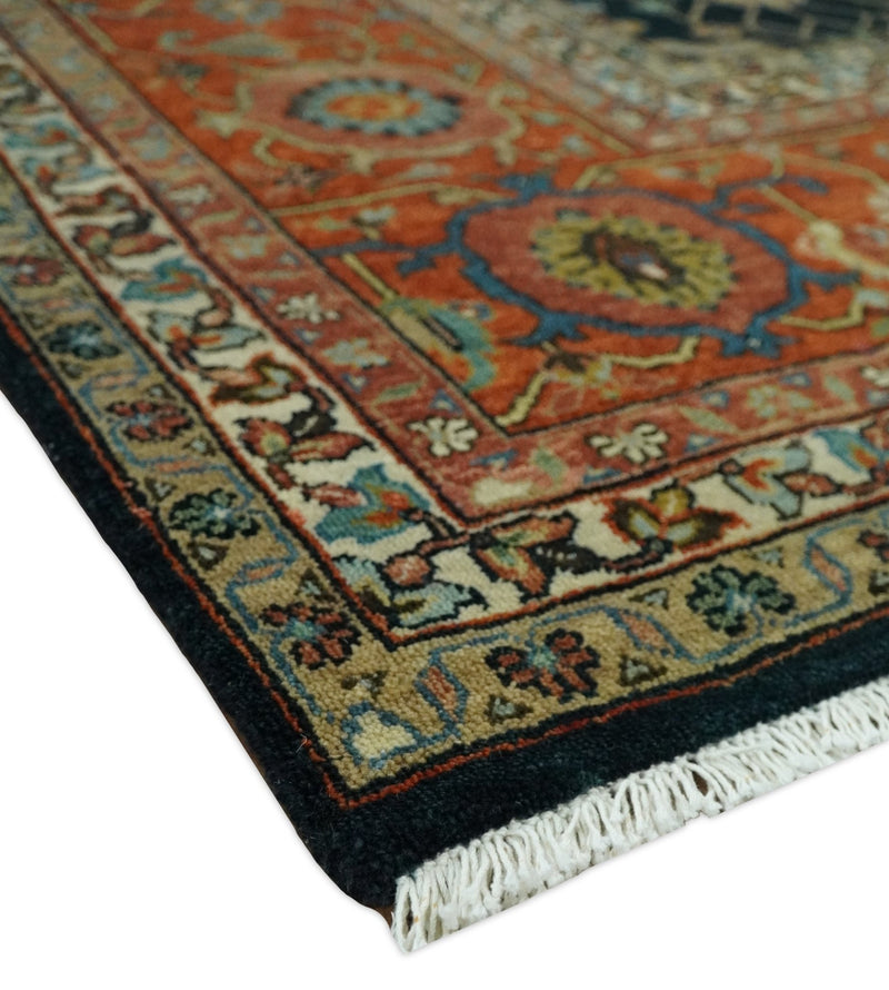 10x14 Fine Hand Knotted Blue and Rust Traditional Vintage Heriz Serapi Antique Wool Rug | TRDCP4811014 - The Rug Decor