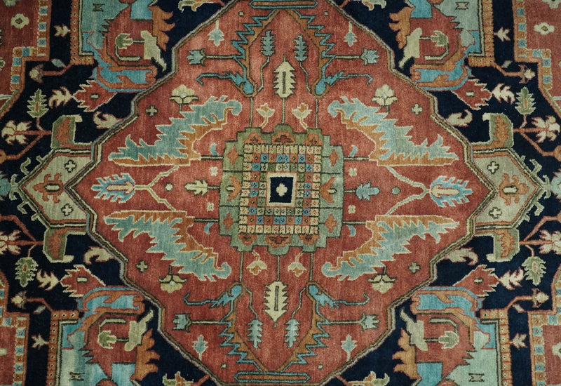 10x14 Fine Hand Knotted Navy Blue and Rust Traditional Vintage Heriz Serapi Antique Wool Rug | TRDCP4801014 - The Rug Decor