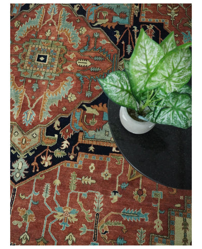 10x14 Fine Hand Knotted Navy Blue and Rust Traditional Vintage Heriz Serapi Antique Wool Rug | TRDCP4801014 - The Rug Decor