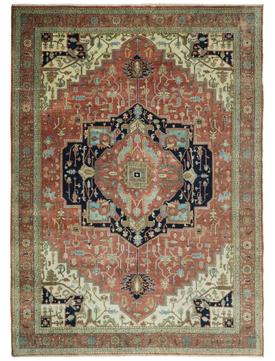 10x14 Fine Hand Knotted Navy Blue and Rust Traditional Vintage Heriz Serapi Antique Wool Rug | TRDCP4801014 - The Rug Decor