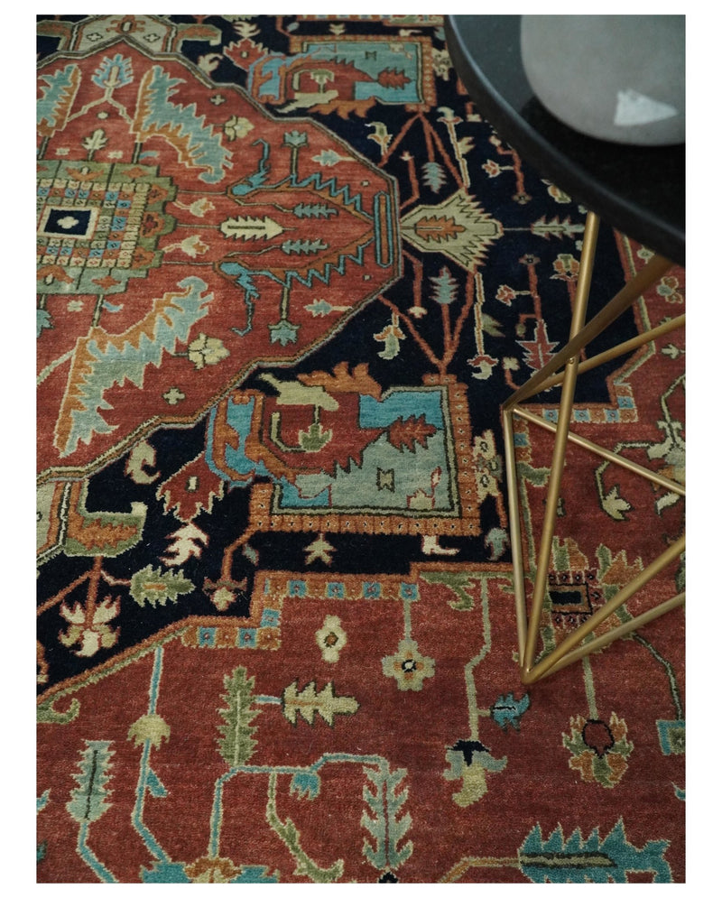 10x14 Fine Hand Knotted Navy Blue and Rust Traditional Vintage Heriz Serapi Antique Wool Rug | TRDCP4801014 - The Rug Decor
