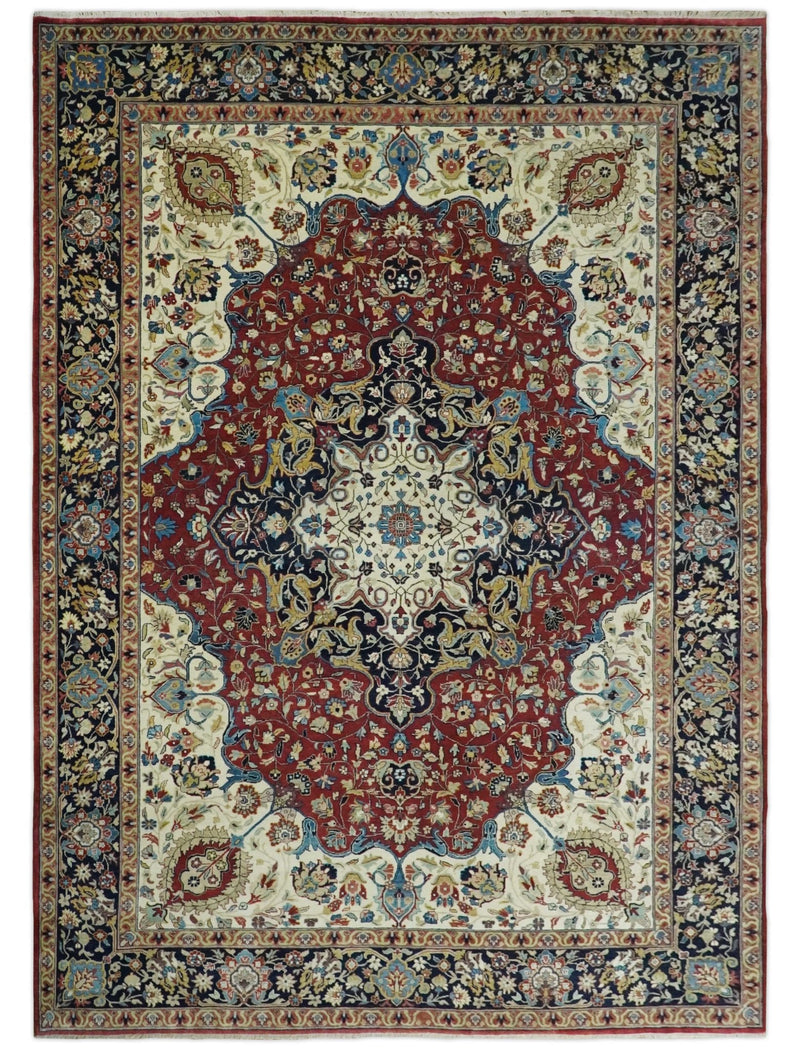 10x14 Fine Hand Knotted Rust, Ivory and Blue Traditional Vintage Heriz Serapi Antique Wool Rug | TRDCP4831014 - The Rug Decor