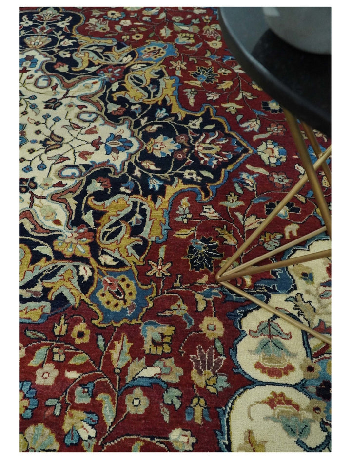 10x14 Fine Hand Knotted Rust, Ivory and Blue Traditional Vintage Heriz Serapi Antique Wool Rug | TRDCP4831014 - The Rug Decor