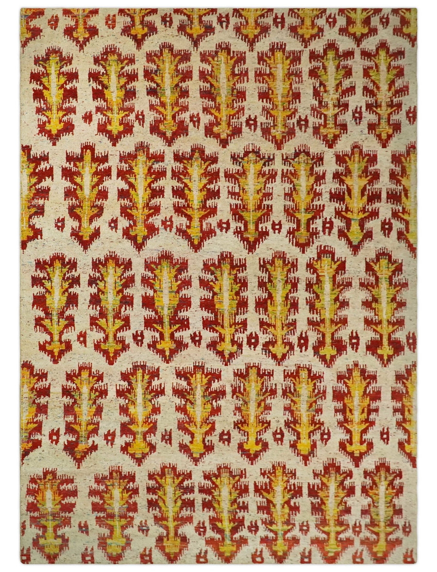 10x14 Hand Knotted Beige, Rust and Gold Modern Contemporary Southwestern Tribal Trellis Recycled Silk Area Rug | OP24 - The Rug Decor