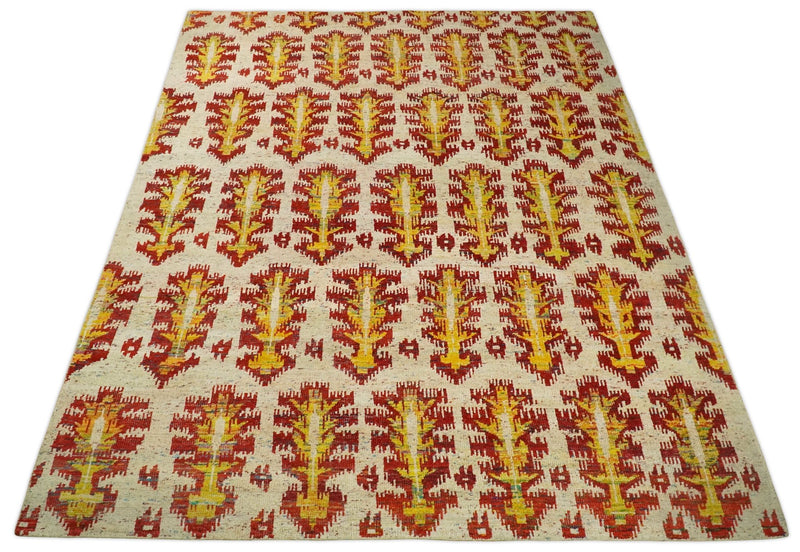 10x14 Hand Knotted Beige, Rust and Gold Modern Contemporary Southwestern Tribal Trellis Recycled Silk Area Rug | OP24 - The Rug Decor