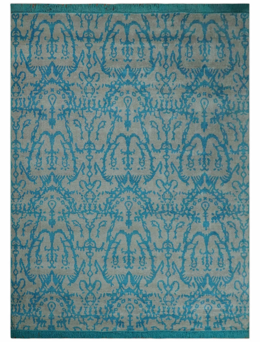 10x14 Hand Knotted Gray and Blue Modern Contemporary Southwestern Tribal Trellis Bamboo Silk Area Rug | OP34 - The Rug Decor