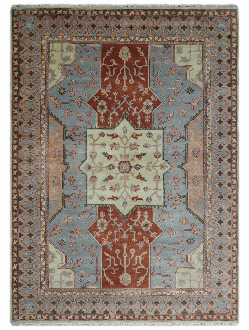10x14 Hand Knotted Heriz Serapi Ivory, Rust, Gray and Peach Floral Area Rug | TRDCP10481014 - The Rug Decor