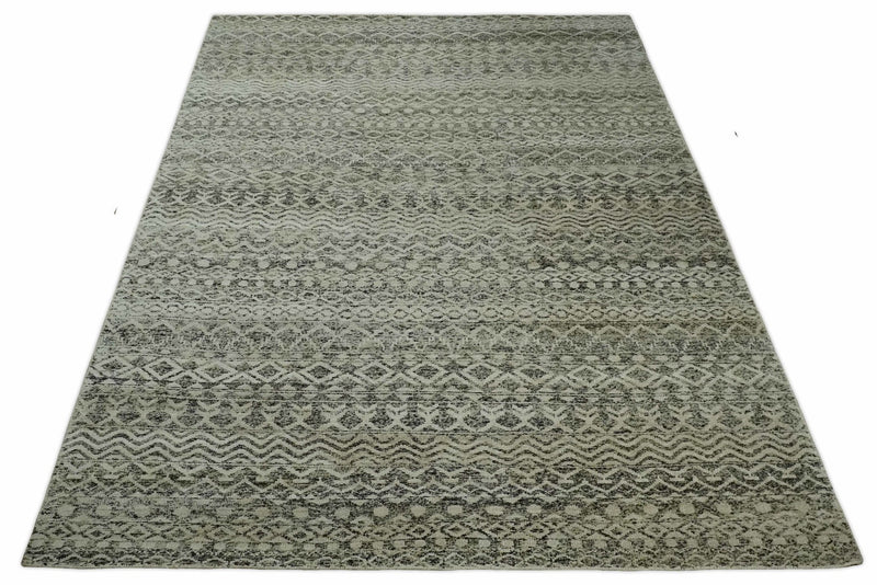 10x14 Hand Knotted Ivory, Black and Olive Modern Contemporary Southwestern Tribal Trellis Recycled Silk Area Rug | OP50 - The Rug Decor