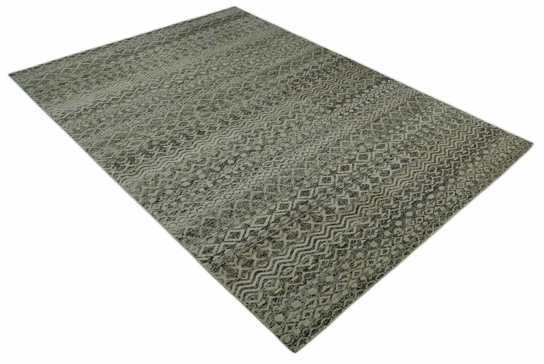 10x14 Hand Knotted Ivory, Black and Olive Modern Contemporary Southwestern Tribal Trellis Recycled Silk Area Rug | OP50 - The Rug Decor