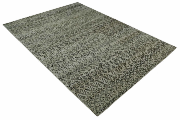10x14 Hand Knotted Ivory, Black and Olive Modern Contemporary Southwestern Tribal Trellis Recycled Silk Area Rug | OP50 - The Rug Decor