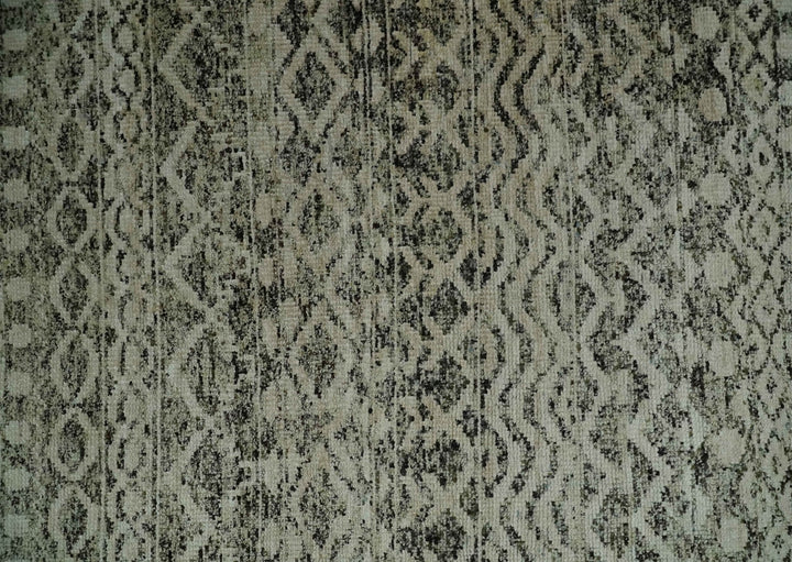 10x14 Hand Knotted Ivory, Black and Olive Modern Contemporary Southwestern Tribal Trellis Recycled Silk Area Rug | OP50 - The Rug Decor
