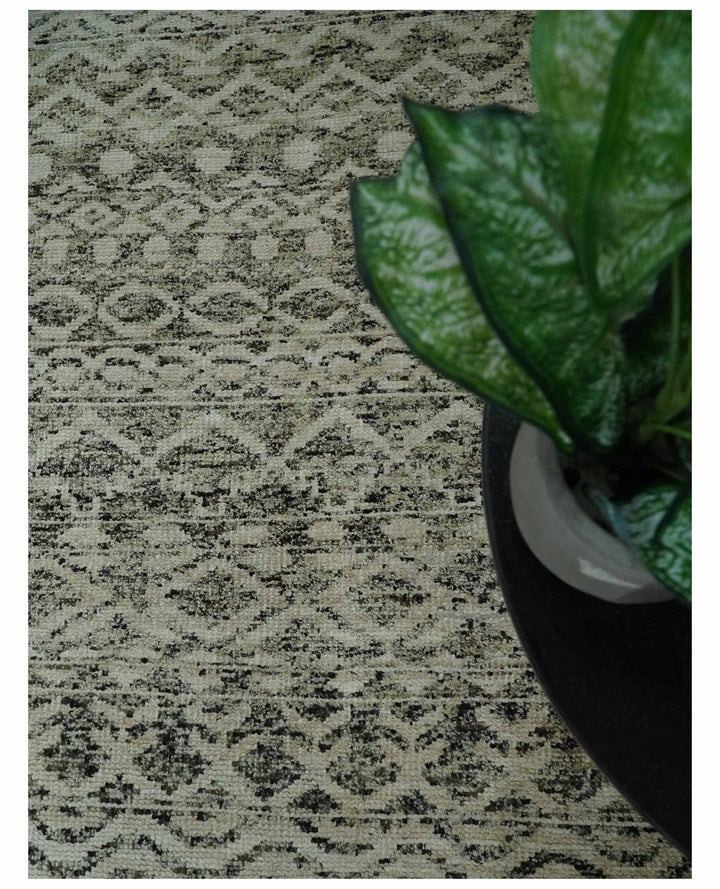 10x14 Hand Knotted Ivory, Black and Olive Modern Contemporary Southwestern Tribal Trellis Recycled Silk Area Rug | OP50 - The Rug Decor